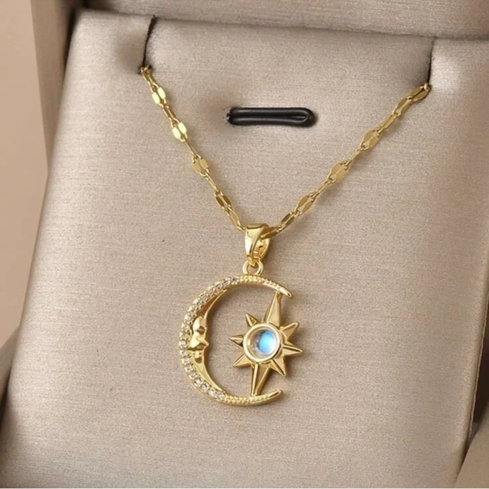 Gold Plated Stainless Steel Moon & Star Rhinestone Pendant Necklace